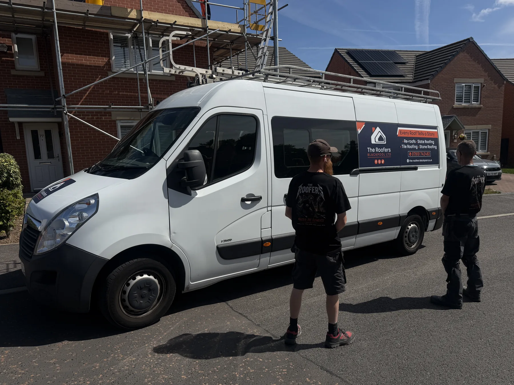 The Roofers Blackpool team and branded van on a re-roofing job on the Fylde Coast
