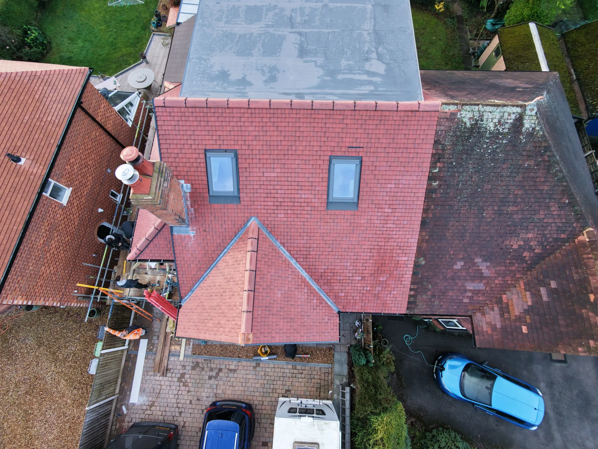 New tiled pitched roofs viewed across the new-build development